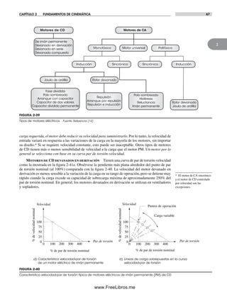 CAPÍTULO 2 FUNDAMENTOS DE CINEMÁTICA 67
2
carga requerida, el motor debe reducir su velocidad para suministrarlo. Por lo tanto, la velocidad de
entrada variará en respuesta a las variaciones de la carga en la mayoría de los motores, sin importar
su diseño.* Si se requiere velocidad constante, esto puede ser inaceptable. Otros tipos de motores
de CD tienen más o menos sensibilidad de velocidad a la carga que el motor PM. Un motor por lo
general se selecciona con base en su curva par de torsión-velocidad.
Motores de CD devanados en derivación Tienen una curva de par de torsión-velocidad
como la mostrada en la figura 2-41a. Obsérvese la pendiente más plana alrededor del punto de par
de torsión nominal (al 100%) comparada con la figura 2-40. La velocidad del motor devanado en
derivación es menos sensible a la variación de la carga en su rango de operación, pero se detiene muy
rápido cuando la carga excede su capacidad de sobrecarga máxima de aproximadamente 250% del
par de torsión nominal. En general, los motores devanados en derivación se utilizan en ventiladores
y sopladores.
FIGURA 2-40
Característica velocidad-par de torsión típica de motores eléctricos de imán permanente (PM) de CD
%develocidadnominal
% de par de torsión nominal
%develocidadnominal
% de par de torsión nominal
Velocidad
Par de torsión
Velocidad
Par de torsión
Carga variable
Puntos de operación
0
25
50
75
100
0 100 200 300 4000 100 200 300 400
a) Característica velocidad-par de torsión
de un motor eléctrico de imán permanente
b) Líneas de carga sobrepuestas en la curva
velocidad-par de torsión
0
25
50
75
100
FIGURA 2-39
Tipos de motores eléctricos Fuente: Referencia [14]
Motores de CA
Fase dividida
Polo sombreado
Arranque con capacitor
Capacitor de dos valores
Capacitor dividido permanente
Repulsión
Arranque por repulsión
Repulsión e inducción
Motores de CD
De imán permanente
Devanado en derivación
Devanado en serie
Devanado compuesto
Monofásico PolifásicoMotor universal
Jaula de ardilla
Sincrónico InducciónSincrónico
Rotor devanado
Inducción
Rotor devanado
Jaula de ardilla
Polo sombreado
Histéresis
Reluctancia
Imán permanente
* El motor de CA sincrónico
y el motor de CD controlado
por velocidad son las
excepciones.
Norton02.indd 67Norton02.indd 67 1/29/09 6:38:01 PM1/29/09 6:38:01 PM
www.FreeLibros.me
 