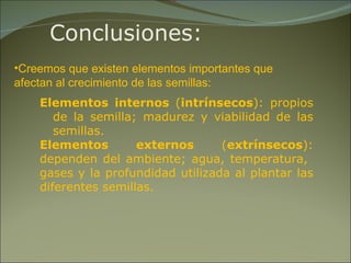 Conclusiones: Creemos que existen elementos importantes que afectan al crecimiento de las semillas: Elementos internos  ( intrínsecos ): propios de la semilla; madurez y viabilidad de las semillas. Elementos externos  ( extrínsecos ): dependen del ambiente; agua, temperatura,  gases y la profundidad utilizada al plantar las diferentes semillas. 