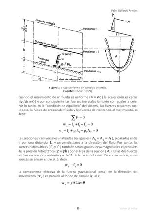 15
Pablo Gallardo Armijos
Volver al índice
Figura 2. Flujo uniforme en canales abiertos.
Fuente: (Chow, 1959).
Cuando el movimiento de un fluido es uniforme ( v = cte ) la aceleración es cero (
dv / dt = 0 ) y por consiguiente las fuerzas inerciales también son iguales a cero.
Por lo tanto, en la “condición de equilibrio” del sistema, las fuerzas actuantes son:
el peso, la fuerza de presión del fluido y las fuerzas de resistencia al movimiento. Es
decir:
∑Fx
= 0
wx
− fx
+ f1
− f2
= 0
wx
− fx
+ p1
A1
− p2
A2
= 0
	
Las secciones transversales analizadas son iguales ( A1
= A2
= A ), separadas entre
sí por una distancia L y perpendiculares a la dirección del flujo. Por tanto, las
fuerzas hidrostáticas ( f1
y f2
) también serán iguales, cuya magnitud es el producto
de la presión hidrostática ( p = γ h ) por el área de la sección ( A ). Estas dos fuerzas
actúan en sentido contrario y a h / 3 de la base del canal. En consecuencia, estas
fuerzas se anulan entre sí. Es decir:
	 wx
− fx
= 0
La componente efectiva de la fuerza gravitacional (peso) en la dirección del
movimiento ( wx
) es paralela al fondo del canal e igual a:
	 wx
= γ ALsenθ
 
