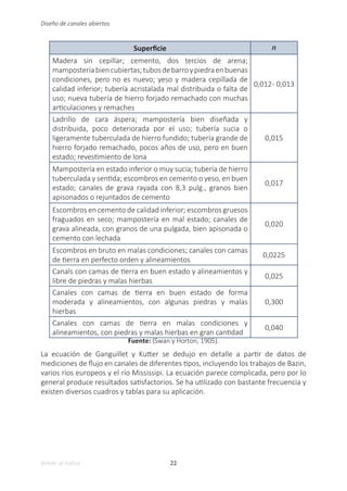 22
Volver al índice
Diseño de canales abiertos
Superficie n
Madera sin cepillar; cemento, dos tercios de arena;
mamposteríabiencubiertas;tubosdebarroypiedraenbuenas
condiciones, pero no es nuevo; yeso y madera cepillada de
calidad inferior; tubería acristalada mal distribuida o falta de
uso; nueva tubería de hierro forjado remachado con muchas
articulaciones y remaches
0,012- 0,013
Ladrillo de cara áspera; mampostería bien diseñada y
distribuida, poco deteriorada por el uso; tubería sucia o
ligeramente tuberculada de hierro fundido; tubería grande de
hierro forjado remachado, pocos años de uso, pero en buen
estado; revestimiento de lona
0,015
Mampostería en estado inferior o muy sucia; tubería de hierro
tuberculada y sentida; escombros en cemento o yeso, en buen
estado; canales de grava rayada con 8,3 pulg., granos bien
apisonados o rejuntados de cemento
0,017
Escombros en cemento de calidad inferior; escombros gruesos
fraguados en seco; mampostería en mal estado; canales de
grava alineada, con granos de una pulgada, bien apisonada o
cemento con lechada
0,020
Escombros en bruto en malas condiciones; canales con camas
de tierra en perfecto orden y alineamientos
0,0225
Canals con camas de tierra en buen estado y alineamientos y
libre de piedras y malas hierbas
0,025
Canales con camas de tierra en buen estado de forma
moderada y alineamientos, con algunas piedras y malas
hierbas
0,300
Canales con camas de tierra en malas condiciones y
alineamientos, con piedras y malas hierbas en gran cantidad
0,040
Fuente: (Swan y Horton, 1905).
La ecuación de Ganguillet y Kutter se dedujo en detalle a partir de datos de
mediciones de flujo en canales de diferentes tipos, incluyendo los trabajos de Bazin,
varios ríos europeos y el río Mississipi. La ecuación parece complicada, pero por lo
general produce resultados satisfactorios. Se ha utilizado con bastante frecuencia y
existen diversos cuadros y tablas para su aplicación.
 
