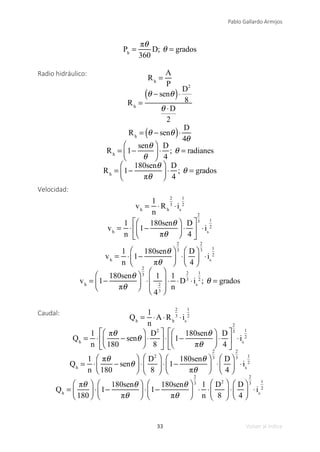 33
Pablo Gallardo Armijos
Volver al índice
Ph
=
πθ
360
D; θ = grados
Radio hidráulico:
Rh
=
A
P
Rh
=
θ − senθ
( )⋅
D2
8
θ ⋅D
2
Rh
= θ − senθ
( )⋅
D
4θ
Rh
= 1−
senθ
θ
⎛
⎝
⎜
⎞
⎠
⎟ ⋅
D
4
; θ = radianes
Rh
= 1−
180senθ
πθ
⎛
⎝
⎜
⎞
⎠
⎟ ⋅
D
4
; θ = grados
Velocidad:
vh
=
1
n
⋅Rh
2
3
⋅is
1
2
vh
=
1
n
⋅ 1−
180senθ
πθ
⎛
⎝
⎜
⎞
⎠
⎟ ⋅
D
4
⎡
⎣
⎢
⎤
⎦
⎥
2
3
⋅is
1
2
vh
=
1
n
⋅ 1−
180senθ
πθ
⎛
⎝
⎜
⎞
⎠
⎟
2
3
⋅
D
4
⎛
⎝
⎜
⎞
⎠
⎟
2
3
⋅is
1
2
vh
= 1−
180senθ
πθ
⎛
⎝
⎜
⎞
⎠
⎟
2
3
⋅
1
4
2
3
⎛
⎝
⎜
⎜
⎞
⎠
⎟
⎟
⋅
1
n
⋅D
2
3
⋅is
1
2
; θ = grados
Caudal:
Qh
=
1
n
⋅A⋅Rh
2
3
⋅is
1
2
Qh
=
1
n
⋅
πθ
180
− senθ
⎛
⎝
⎜
⎞
⎠
⎟ ⋅
D2
8
⎡
⎣
⎢
⎤
⎦
⎥⋅ 1−
180senθ
πθ
⎛
⎝
⎜
⎞
⎠
⎟ ⋅
D
4
⎡
⎣
⎢
⎤
⎦
⎥
2
3
⋅is
1
2
Qh
=
1
n
⋅
πθ
180
− senθ
⎛
⎝
⎜
⎞
⎠
⎟ ⋅
D2
8
⎛
⎝
⎜
⎞
⎠
⎟ ⋅ 1−
180senθ
πθ
⎛
⎝
⎜
⎞
⎠
⎟
2
3
⋅
D
4
⎛
⎝
⎜
⎞
⎠
⎟
2
3
⋅is
1
2
Qh
=
πθ
180
⎛
⎝
⎜
⎞
⎠
⎟ ⋅ 1−
180senθ
πθ
⎛
⎝
⎜
⎞
⎠
⎟ ⋅ 1−
180senθ
πθ
⎛
⎝
⎜
⎞
⎠
⎟
2
3
⋅
1
n
⋅
D2
8
⎛
⎝
⎜
⎞
⎠
⎟ ⋅
D
4
⎛
⎝
⎜
⎞
⎠
⎟
2
3
⋅is
1
2
 