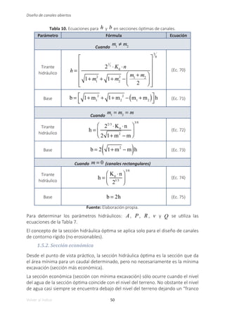 50
Volver al índice
Diseño de canales abiertos
Tabla 10. Ecuaciones para h y b en secciones óptimas de canales.
Parámetro Fórmula Ecuación
Cuando
m1
≠ m2
Tirante
hidráulico h =
2
2
3
⋅ K0
⋅n
1+ m1
2
+ 1+ m2
2
−
m1
+ m2
2
⎛
⎝
⎜
⎞
⎠
⎟
⎡
⎣
⎢
⎢
⎢
⎢
⎢
⎤
⎦
⎥
⎥
⎥
⎥
⎥
3
8
(Ec. 70)
Base b = 1+ m1
2
+ 1+ m2
2
− m1
+ m2
( )
⎡
⎣
⎢
⎤
⎦
⎥h (Ec. 71)
Cuando
m1
= m2
= m
Tirante
hidráulico
h =
22/3
⋅K0
⋅n
2 1+ m2
− m
⎛
⎝
⎜
⎞
⎠
⎟
3/8
(Ec. 72)
Base b = 2 1+ m2
− m
( )h (Ec. 73)
Cuando m = 0 (canales rectangulares)
Tirante
hidráulico
h =
K0
⋅n
21/3
⎛
⎝
⎜
⎞
⎠
⎟
3/8
(Ec. 74)
Base b = 2h (Ec. 75)
Fuente: Elaboración propia.
Para determinar los parámetros hidráulicos: A, P , R , v y Q se utiliza las
ecuaciones de la Tabla 7.
El concepto de la sección hidráulica óptima se aplica solo para el diseño de canales
de contorno rígido (no erosionables).
1.5.2. Sección económica
Desde el punto de vista práctico, la sección hidráulica óptima es la sección que da
el área mínima para un caudal determinado, pero no necesariamente es la mínima
excavación (sección más económica).
La sección económica (sección con mínima excavación) sólo ocurre cuando el nivel
del agua de la sección óptima coincide con el nivel del terreno. No obstante el nivel
de agua casi siempre se encuentra debajo del nivel del terreno dejando un “franco
 