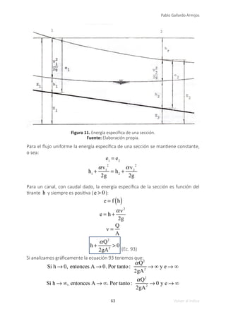 63
Pablo Gallardo Armijos
Volver al índice
Figura 11. Energía específica de una sección.
Fuente: Elaboración propia.
Para el flujo uniforme la energía específica de una sección se mantiene constante,
o sea:
e1
= e2
h1
+
αv1
2
2g
= h2
+
αv2
2
2g
Para un canal, con caudal dado, la energía específica de la sección es función del
tirante h y siempre es positiva (e > 0):
e = f h
( )
e = h +
αv2
2g
v =
Q
A
h +
αQ2
2gA2
> 0
(Ec. 93)
Si analizamos gráficamente la ecuación 93 tenemos que:
Si h → 0, entonces A → 0. Por tanto:
αQ2
2gA2
→ ∞ y e → ∞
Si h → ∞, entonces A → ∞. Por tanto:
αQ2
2gA2
→ 0 y e → ∞
 