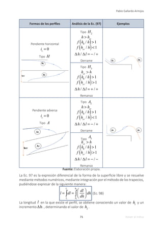 71
Pablo Gallardo Armijos
Volver al índice
Formas de los perfiles Análisis de la Ec. (97) Ejemplos
Pendiente horizontal
is
= 0
Tipo H
Tipo H2
h > hcr
f h0
/ h
( )>1
f hcr
/ h
( )<1
∆h / ∆l = − / +
Derrame
Tipo H3
hcr
> h
f h0
/ h
( )>1
f hcr
/ h
( )>1
∆h / ∆l = + / +
Remanso
Pendiente adversa
is
= 0
Tipo A
Tipo A2
h > hcr
f h0
/ h
( )>1
f hcr
/ h
( )<1
∆h / ∆l = − / +
Derrame
Tipo
A3
hcr
> h
f h0
/ h
( )>1
f hcr
/ h
( )>1
∆h / ∆l = − / −
Remanso
Fuente: Elaboración propia.
La Ec. 97 es la expresión diferencial de la forma de la superficie libre y se resuelve
mediante métodos numéricos, mediante integración por el método de los trapecios,
pudiéndose expresar de la siguiente manera:
l =
l1
l2
∫dl =
h1
h2
∫
dl
dh
⎛
⎝
⎜
⎞
⎠
⎟ dh (Ec. 98)
La longitud l en la que existe el perfil, se obtiene conociendo un valor de h1
y un
incremento ∆h , determinando el valor de h2
.
 