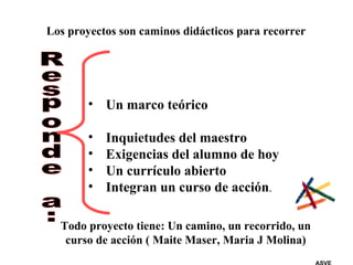 Los proyectos son caminos didácticos para recorrer Responde a: Un marco teórico  Inquietudes del maestro Exigencias del alumno de hoy Un currículo abierto Integran un curso de acción . Todo proyecto tiene: Un camino, un recorrido, un curso de acción ( Maite Maser, Maria J Molina) ASVE 