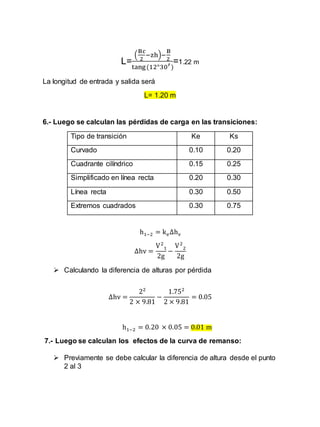 L=
(
Bc
2
−zh)−
B
2
tang(12°30′)
=1.22 m
La longitud de entrada y salida será
L= 1.20 m
6.- Luego se calculan las pérdidas de carga en las transiciones:
Tipo de transición Ke Ks
Curvado 0.10 0.20
Cuadrante cilíndrico 0.15 0.25
Simplificado en línea recta 0.20 0.30
Línea recta 0.30 0.50
Extremos cuadrados 0.30 0.75
h1−2 = ke∆hv
∆hv =
V2
1
2g
−
V2
2
2g
 Calculando la diferencia de alturas por pérdida
∆hv =
22
2 × 9.81
−
1.752
2 × 9.81
= 0.05
h1−2 = 0.20 × 0.05 = 0.01 m
7.- Luego se calculan los efectos de la curva de remanso:
 Previamente se debe calcular la diferencia de altura desde el punto
2 al 3
 