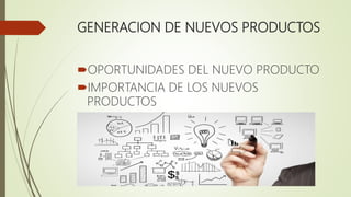 GENERACION DE NUEVOS PRODUCTOS
OPORTUNIDADES DEL NUEVO PRODUCTO
IMPORTANCIA DE LOS NUEVOS
PRODUCTOS
 