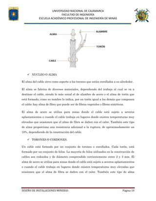 UNIVERSIDAD NACIONAL DE CAJAMARCA
FACULTAD DE INGENIERÍA
ESCUELA ACADÉMICO PROFESIONAL DE INGENIERÍA DE MINAS
DISEÑO DE INSTALACIONES MINERAS Página 10
 NUCLEO O ALMA
El alma del cable sirve como soporte a los torones que están enrollados a su alrededor.
El alma se fabrica de diversos materiales, dependiendo del trabajo al cual se va a
destinar el cable, siendo lo más usual el de alambre de acero o el alma de torón que
está formado, como su nombre lo indica, por un torón igual a los demás que componen
el cable; hay alma de fibra que puede ser de fibras vegetales o fibras sintéticas.
El alma de acero se utiliza para zonas donde el cable está sujeto a severos
aplastamientos o cuando el cable trabaja en lugares donde existen temperaturas muy
elevadas que ocasionen que el alma de fibra se dañen con el calor. También este tipo
de alma proporciona una resistencia adicional a la ruptura, de aproximadamente un
10%, dependiendo de la construcción del cable.
 TORONES O CORDONES.
Un cable está formado por un conjunto de torones o enrollados. Cada torón, está
formado por un conjunto de hilos. La mayoría de hilos utilizados en la construcción de
cables son redondos y de diámetro comprendido corrientemente entre 2 y 3 mm. El
alma de acero se utiliza para zonas donde el cable está sujeto a severos aplastamientos
o cuando el cable trabaja en lugares donde existen temperaturas muy elevadas que
ocasionen que el alma de fibra se dañen con el calor. También este tipo de alma
 