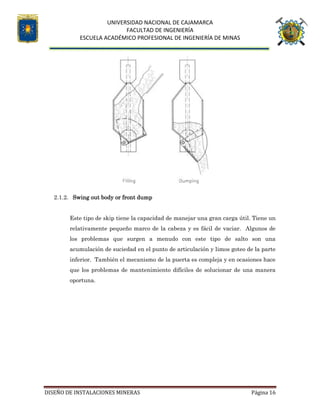 UNIVERSIDAD NACIONAL DE CAJAMARCA
FACULTAD DE INGENIERÍA
ESCUELA ACADÉMICO PROFESIONAL DE INGENIERÍA DE MINAS
DISEÑO DE INSTALACIONES MINERAS Página 16
2.1.2. Swing out body or front dump
Este tipo de skip tiene la capacidad de manejar una gran carga útil. Tiene un
relativamente pequeño marco de la cabeza y es fácil de vaciar. Algunos de
los problemas que surgen a menudo con este tipo de salto son una
acumulación de suciedad en el punto de articulación y limos goteo de la parte
inferior. También el mecanismo de la puerta es compleja y en ocasiones hace
que los problemas de mantenimiento difíciles de solucionar de una manera
oportuna.
 