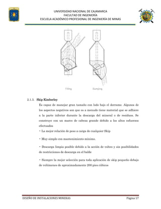 UNIVERSIDAD NACIONAL DE CAJAMARCA
FACULTAD DE INGENIERÍA
ESCUELA ACADÉMICO PROFESIONAL DE INGENIERÍA DE MINAS
DISEÑO DE INSTALACIONES MINERAS Página 17
2.1.3. Skip Kimberley
Es capaz de manejar gran tamaño con lodo bajo el derrame. Algunos de
los aspectos negativos son que es a menudo tiene material que se adhiere
a la parte inferior durante la descarga del mineral o de residuos. Se
construye con un marco de cabeza grande debido a los altos esfuerzos
efectuados
• La mejor relación de peso a carga de cualquier Skip
• Muy simple con mantenimiento mínimo.
• Descarga limpia posible debido a la acción de volteo y sin posibilidades
de restricciones de descarga en el balde
• Siempre la mejor selección para toda aplicación de skip pequeño debajo
de volúmenes de aproximadamente 200 pies cúbicos
 