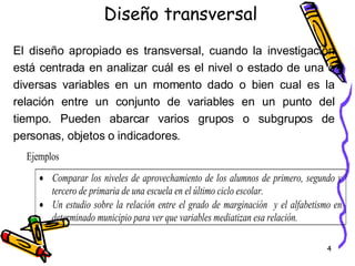 Diseño transversal El diseño apropiado es transversal, cuando la investigación está centrada en analizar cuál es el nivel o estado de una o diversas variables en un momento dado o bien cual es la relación entre un conjunto de variables en un punto del tiempo.  Pueden abarcar varios grupos o subgrupos de personas, objetos o indicadores.  