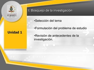 I. Bosquejo de la investigación
Unidad 1
•Selección del tema
•Formulación del problema de estudio
•Revisión de antecedentes de la
investigación.
 