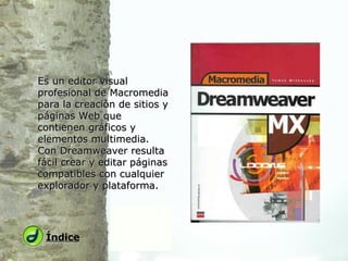 Es un editor visual profesional de Macromedia para la creación de sitios y páginas Web que contienen gráficos y elementos multimedia. Con Dreamweaver resulta fácil crear y editar páginas compatibles con cualquier explorador y plataforma.   Índice 
