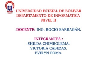 UNIVERSIDAD ESTATAL DE BOLIVAR
DEPARTAMENTO DE INFORMATICA 
NIVEL II
DOCENTE: ING. ROCIO BARRAGÁN.
INTEGRANTES :
SHILDA CHIMBOLEMA.
VICTORIA CABEZAS.
EVELYN POMA.
 
