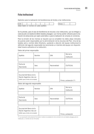 89PLAN DE MEJORA INSTITUCIONAL.
Anexos.
Ficha Institucional
Apéndice para la realización de transferencias de fondos a las instituciones.
CUE Anexo
Debe haber un número en cada casillero
Se ha previsto, para el caso de transferencia de recursos a las instituciones, que se entregue a
cada escuela una tarjeta de débito (tarjetas prepagas). Las mismas podrán utilizarse para la rea-
lización de extracciones por cajero automático o para la realización de compras en comercios.
Para la emisión de las mismas se requiere que se completen los datos abajo indicados
de quienes serán responsables por la administración de los recursos del Plan. Una de las
tarjetas será a nombre del/a Director/a, quedando a elección del equipo institucional la
definición del segundo responsable (se recomienda un miembro del equipo con disponibi-
lidad horaria suficiente en la institución).
Datos del primer responsable:
Apellido Nombre DNI
Rol de la
Institución
Fecha de
Nacimiento
Sexo Nacionalidad CUIT/CUIL
Sucursal del Banco de la
Nación Argentina más cer-
cana (para el retiro de la tarjeta)
Firma y aclaración (*)
Datos del segundo responsable:
Apellido Nombre DNI
Rol de la
Institución
Fecha de
Nacimiento
Sexo Nacionalidad CUIT/CUIL
Sucursal del Banco de la
Nación Argentina más cer-
cana (para el retiro de la tarjeta)
Firma y aclaración
(*) La suscripción del presente formulario implica la aceptación de la emisión de una tarjeta prepaga para la
institución, a nombre de los firmantes.
 