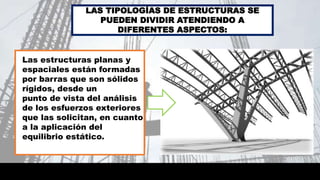 Las estructuras planas y
espaciales están formadas
por barras que son sólidos
rígidos, desde un
punto de vista del análisis
de los esfuerzos exteriores
que las solicitan, en cuanto
a la aplicación del
equilibrio estático.
LAS TIPOLOGÍAS DE ESTRUCTURAS SE
PUEDEN DIVIDIR ATENDIENDO A
DIFERENTES ASPECTOS:
 