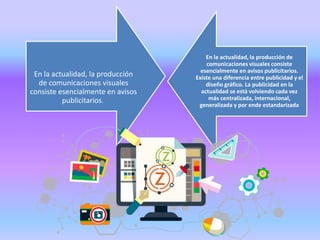En la actualidad, la producción
de comunicaciones visuales
consiste esencialmente en avisos
publicitarios.
En la actualidad, la producción de
comunicaciones visuales consiste
esencialmente en avisos publicitarios.
Existe una diferencia entre publicidad y el
diseño gráfico. La publicidad en la
actualidad se está volviendo cada vez
más centralizada, internacional,
generalizada y por ende estandarizada
 