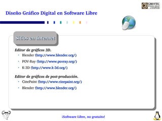 Diseño Gráfico Digital en Software Libre




    Sitios en Internet

    Editor de gráficos 3D.
         Blender (http://w...