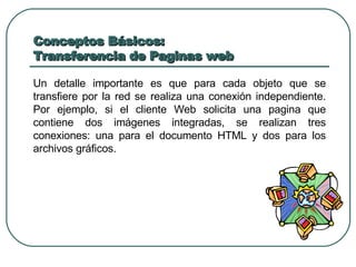 Conceptos Básicos:  Transferencia de Paginas web Un detalle importante es que para cada objeto que se transfiere por la red se realiza una conexión independiente. Por ejemplo, si el cliente Web solicita una pagina que contiene dos imágenes integradas, se realizan tres conexiones: una para el documento HTML y dos para los archivos gráficos. 