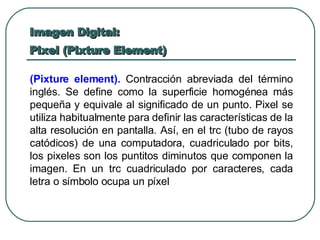 (Pixture element).  Contracción abreviada del término inglés. Se define como la superficie homogénea más pequeña y equivale al significado de un punto. Pixel se utiliza habitualmente para definir las características de la alta resolución en pantalla. Así, en el trc (tubo de rayos catódicos) de una computadora, cuadriculado por bits, los pixeles son los puntitos diminutos que componen la imagen. En un trc cuadriculado por caracteres, cada letra o símbolo ocupa un píxel Imagen Digital:  Pixel (Pixture Element)   