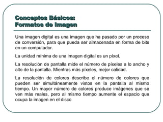 Una imagen digital es una imagen que ha pasado por un proceso de conversión, para que pueda ser almacenada en forma de bits en un computador. La unidad mínima de una imagen digital es un píxel. La resolución de pantalla mide el número de píxeles a lo ancho y alto de la pantalla. Mientras más píxeles, mejor calidad. La resolución de colores describe el número de colores que pueden ser simultáneamente vistos en la pantalla al mismo tiempo. Un mayor número de colores produce imágenes que se ven más reales, pero al mismo tiempo aumente el espacio que ocupa la imagen en el disco Conceptos Básicos:  Formatos de Imagen 
