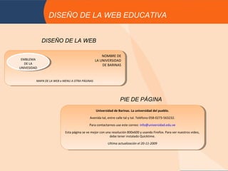 DISEÑO DE LA WEB EDUCATIVA


              DISEÑO DE LA WEB

                                                   NOMBRE DE
                                                    NOMBRE DE
 EMBLEMA
  EMBLEMA                                      LA UNIVERSIDAD
                                                LA UNIVERSIDAD
   DE LA
    DE LA                                          DE BARINAS
                                                    DE BARINAS
UNIVESIDAD
 UNIVESIDAD


         MAPA DE LA WEB o o MENU A OTRA PÁGINAS
          MAPA DE LA WEB MENU A OTRA PÁGINAS




                                                                  PIE DE PÁGINA
                                                  Universidad de Barinas. La universidad del pueblo.
                                                   Universidad de Barinas. La universidad del pueblo.
                                            Avenida tal, entre calle tal y y tal. Teléfono 058-0273-563232.
                                             Avenida tal, entre calle tal tal. Teléfono 058-0273-563232.
                                           Para contactarnos use este correo: info@universidad.edu.ve
                                            Para contactarnos use este correo: info@universidad.edu.ve
                           Esta página se ve mejor con una resolución 800x600 y y usando Firefox. Para ver nuestros video,
                            Esta página se ve mejor con una resolución 800x600 usando Firefox. Para ver nuestros video,
                                                         debe tener instalado Quicktime.
                                                           debe tener instalado Quicktime.
                                                          Ultima actualización elel 20-11-2009
                                                           Ultima actualización 20-11-2009
 