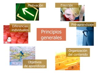 Principios generales Motivación Diferencias individuales Objetivos de aprendizaje Organización del contenido Pre-aprendizaje Emoción 