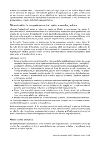 Diseño Curricular para 3° año (ES) | Educación Artística | 213
riación. Desarrollo de ideas. La improvisación como estrategia de producción de ideas. Organización
de los elementos del lenguaje: interpretación global de la organización de la obra. Identificación
de las estructuras musicales características; relación de los elementos. La ejecución concertada con
ajustes vocales e instrumentales de acuerdo a las características estilísticas de la obra. Elaboración de
propuestas que vinculen distintos lenguajes artísticos.
Núcleo temático: la interpretación musical, sujetos, escenarios y cultura
Contexto Sociocultural: Música y cultura. Los medios de difusión y comunicación, los espacios de
realización musical, incidencia del mercado en la socialización y masificación de las producciones. Las
músicas de los circuitos de socialización juvenil. Las tendencias estéticas de los jóvenes como rasgo
identitario: músicas y prácticas sociales; prácticas musicales y contextos de circulación. Música y otros
lenguajes artísticos: teatro, plástica, danza-expresión corporal; medios audiovisuales, literatura.
La Recepción / interpretación: Los destinatarios de las producciones musicales: formas típicas de
construcción del discurso en función de los circuitos y formatos de difusión (programas de radio,
las radio de internet / de los chats; conciertos, videoclips, MP3). La interpretación: elaboración de
un juicio crítico fundamentado a partir de la comprensión de los componentes que intervienen en
la producción artística. La asignación de sentido a los hechos estéticos en relación al contexto de la
audiencia y al de producción de la obra.
El Lenguaje musical
•	Sonido: el sonido como material compositivo incorporando las posibilidades que brindan las nuevas
tecnologías. Desplazamiento de la importancia del lenguaje musical hacia el sonido en el siglo XX.
Digitalización del sonido. Incidencia en los diferentes estilos musicales (música popular/académica).
•	Fuentes sonoras: La instrumentación propuesta desde las estéticas actuales combinada con
fuentes convencionales, no convencionales, usos no convencionales de las fuentes, y la experi-
mentación sonora. Nuevas tecnologías, producción, tratamiento electrónico y digital del sonido.
•	Forma: La macro y la microforma en obras de música popular y académica. La canción en el con-
texto histórico y social.
•	Textura: aspectos rítmicos y melódicos que influyen en la simultaneidad y en la jerarquía de las líneas.
Tipos texturales tradicionales y las relaciones de interdependencia: integración/monodía, homofonía;
subordinación /monodía acompañada (ostinato, bordón, acordes, arpegios, etc.); complementariedad/
polifonía –polifonía imitativa. Texturas de la contemporaneidad: masa, puntos, etc.
•	Ritmo: Estructura métrica proporcional: relación metro – pie. Ritmos característicos. El campo
rítmico y la temporalidad: desfasajes, irregularidad/ regularidad, continuidad /discontinuidad. El
ritmo con relación a la forma y a la textura.
•	Melodía: relaciones de la melodía con el ritmo, la forma y la textura. Giros melódicos característicos.
La Producción: el estilo como forma discursiva característica de contextos socioculturales y de movi-
mientos históricos en lo popular y en lo académico.
Contextos como determinantes de las formas de composición, de ejecución y de percepción del discurso
musical. Interpretación global de la organización de la obra, Identificación de las estructuras musicales
en relación a los contextos de producción. Las formas de realización y difusión características de los
contextos mediáticos. Elaboración de propuestas que vinculen distintos lenguajes artísticos.
Orientaciones didácticas
La enseñanza deberá estar centrada en los contextos y en la aproximación a las obras como unidad de
sentido. Para esto, el docente deberá guiar al alumno para que pueda verbalizar el sentido que logró
construir acerca de aquéllas.
 