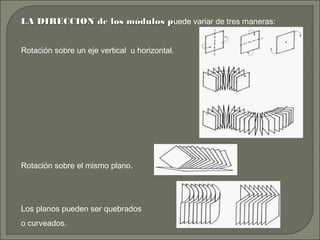 LA DIRECCION de los módulos pLA DIRECCION de los módulos puede variar de tres maneras:
Rotación sobre un eje vertical u horizontal.
Rotación sobre el mismo plano.
Los planos pueden ser quebrados
o curveados.
 