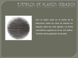 Con un plano recto en el centro de la
estructura, todos los otros se tuercen en
ángulos cada vez más agudos. La forma
volumétrica sugerida es la de una esfera.
También tiene gradación de tamaño.
 