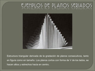 Estructura triangular derivada de la gradación de planos consecutivos, tanto
en figura como en tamaño. Los planos cortos con forma de V de los lados, se
hacen altos y estrechos hacia en centro.
 