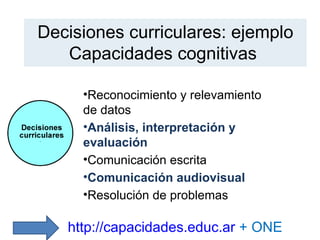 Decisiones curriculares: ejemplo
   Capacidades cognitivas

     •Reconocimiento y relevamiento
     de datos
     •Análisis, interpretación y
     evaluación
     •Comunicación escrita
     •Comunicación audiovisual
     •Resolución de problemas

   http://capacidades.educ.ar + ONE
 