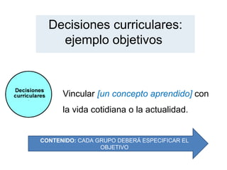 Decisiones curriculares:
    ejemplo objetivos



      Vincular [un concepto aprendido] con
      la vida cotidiana o la actualidad.


CONTENIDO: CADA GRUPO DEBERÁ ESPECIFICAR EL
                 OBJETIVO
 