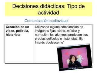 Decisiones didácticas: Tipo de
              actividad
            Comunicación audiovisual
Creación de un     Utilizando alguna combinación de
video, película,   imágenes fijas, video, música y
historieta         narración, los alumnos producen sus
                   propias películas o historietas. Ej:
                   Interés adolescente”
 