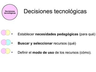 Decisiones tecnológicas


•   Establecer necesidades pedagógicas (para qué)

•   Buscar y seleccionar recursos (qué)

•   Definir el modo de uso de los recursos (cómo).
 