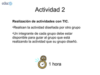 Actividad 2
Realización de actividades con TIC.
•Realicen la actividad diseñada por otro grupo
•Un integrante de cada grupo debe estar
disponible para guiar al grupo que está
realizando la actividad que su grupo diseñó.




                        1 hora
 