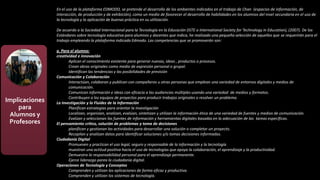 Implicaciones
para
Alumnos y
Profesores
En el uso de la plataforma EDMODO, se pretende el desarrollo de los ambientes indicados en el trabajo de Chan (espacios de información, de
interacción, de producción y de exhibición), como un medio de favorecer el desarrollo de habilidades en los alumnos del nivel secundaria en el uso de
la tecnología y la aplicación de buenas práctica en su utilización.
De acuerdo a la Sociedad Internacional para la Tecnología en la Educación (ISTE o International Society for Technology in Education), (2007). De los
Estándares sobre tecnología educativa para alumnos y docentes que indica, he realizado una pequeña selección de aquellos que se requerirán para el
trabajo empleando la plataforma indicada Edmodo. Las competencias que se promoverán son:
a. Para el alumno:
creatividad e innovación
Aplican el conocimiento existente para generar nuevas, ideas , productos o procesos.
Crean obras originales como medio de expresión personal o grupal.
Identifican las tendencias y las posibilidades de previsión
Comunicación y Colaboración
Interactúan, colaboran y publican con compañeros u otras personas que emplean una variedad de entornos digitales y medios de
comunicación.
Comunican información e ideas con eficacia a las audiencias múltiples usando una variedad de medios y formatos.
Contribuyen a los equipos de proyectos para producir trabajos originales o resolver un problema.
La Investigación y la Fluidez de la Información
Planifican estrategias para orientar la investigación
Localizan, organizan, analizan, evalúan, sintetizan y utilizan la información ética de una variedad de fuentes y medios de comunicación.
Evalúan y seleccionan las fuentes de información y herramientas digitales basadas en la adecuación de las tareas específicas.
El pensamiento crítico, solución de problemas y toma de decisiones
planifican y gestionan las actividades para desarrollar una solución o completar un proyecto.
Recopilan y analizan datos para identificar soluciones y/o tomas decisiones informadas.
Ciudadanía Digital
Promueven y practican el uso legal, seguro y responsable de la información y la tecnología
muestran una actitud positiva hacia el uso de tecnologías que apoya la colaboración, el aprendizaje y la productividad.
Demuestra la responsabilidad personal para el aprendizaje permanente.
Ejerce liderazgo parea la ciudadanía digital.
Operaciones de Tecnología y Conceptos
Comprenden y utilizan las aplicaciones de forma eficaz y productiva.
Comprenden y utilizan los sistemas de tecnología.
 