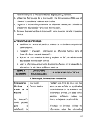 115 
reproducción para la innovación técnica de productos y procesos. 
3. Utilizar las Tecnologías de la Información y la Comunicación (TIC) para el diseño e innovación de procesos y productos. 
4. Organizar la información proveniente de diferentes fuentes para utilizarla en el desarrollo de procesos y proyectos de innovación. 
5. Emplear diversas fuentes de información como insumos para la innovación técnica. 
APRENDIZAJES ESPERADOS: 
 Identifican las características de un proceso de innovación como parte del cambio técnico. 
 Recopilan y organizan información de diferentes fuentes para el desarrollo de procesos de innovación. 
 Aplican los conocimientos técnicos y emplean las TIC para el desarrollo de procesos de innovación técnica. 
 Usan la información proveniente de diferentes fuentes en la búsqueda de alternativas de solución a problemas técnicos. TEMAS Y SUBTEMAS CONCEPTOS RELACIONADOS SUGERENCIAS DIDÁCTICAS 
1. Tecnología, información e innovación 
Innovaciones técnicas a través de la historia 
La innovación como proceso para la satisfacción de 
Innovación 
Cambio técnico 
Realizar una lluvia de ideas con los alumnos para señalar los significados sobre la innovación de acuerdo a sus experiencias previas. Con base en los aspectos señalados realizar un listado en hojas de papel rotafolio. 
Investigar en diversas fuentes de información sobre las principales  