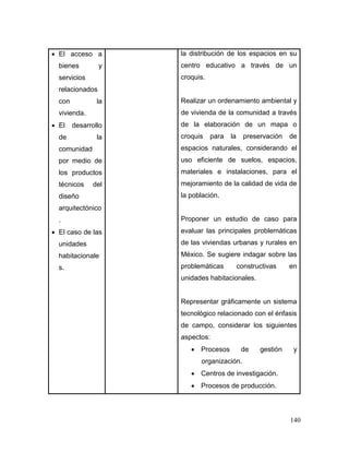 140 
 El acceso a bienes y servicios relacionados con la vivienda. 
 El desarrollo de la comunidad por medio de los productos técnicos del diseño arquitectónico. 
 El caso de las unidades habitacionales. 
la distribución de los espacios en su centro educativo a través de un croquis. 
Realizar un ordenamiento ambiental y de vivienda de la comunidad a través de la elaboración de un mapa o croquis para la preservación de espacios naturales, considerando el uso eficiente de suelos, espacios, materiales e instalaciones, para el mejoramiento de la calidad de vida de la población. 
Proponer un estudio de caso para evaluar las principales problemáticas de las viviendas urbanas y rurales en México. Se sugiere indagar sobre las problemáticas constructivas en unidades habitacionales. 
Representar gráficamente un sistema tecnológico relacionado con el énfasis de campo, considerar los siguientes aspectos: 
 Procesos de gestión y organización. 
 Centros de investigación. 
 Procesos de producción.  