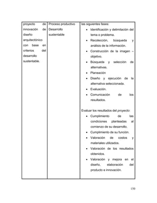 150 
proyecto de innovación de diseño arquitectónico con base en criterios del desarrollo sustentable. 
Proceso productivo 
Desarrollo sustentable 
las siguientes fases: 
 Identificación y delimitación del tema o problema. 
 Recolección, búsqueda y análisis de la información. 
 Construcción de la imagen – objetivo. 
 Búsqueda y selección de alternativas. 
 Planeación 
 Diseño y ejecución de la alternativa seleccionada. 
 Evaluación. 
 Comunicación de los resultados. 
Evaluar los resultados del proyecto: 
 Cumplimiento de las condiciones planteadas al comienzo de su desarrollo. 
 Cumplimiento de su función. 
 Valoración de costos y materiales utilizados. 
 Valoración de los resultados obtenidos. 
 Valoración y mejora en el diseño, elaboración del producto e innovación. 
 