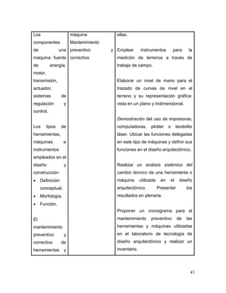 43 
Los componentes de una máquina: fuente de energía, motor, transmisión, actuador, sistemas de regulación y control. 
Los tipos de herramientas, máquinas e instrumentos empleados en el diseño y construcción: 
 Definición conceptual. 
 Morfología. 
 Función. 
El mantenimiento preventivo y correctivo de herramientas y 
máquina 
Mantenimiento preventivo y correctivo 
ellas. 
Emplear instrumentos para la medición de terrenos a través de trabajo de campo. 
Elaborar un nivel de mano para el trazado de curvas de nivel en el terreno y su representación gráfica: vista en un plano y tridimensional. 
Demostración del uso de impresoras, computadoras, plotter o teodolito láser. Ubicar las funciones delegadas en este tipo de máquinas y definir sus funciones en el diseño arquitectónico. 
Realizar un análisis sistémico del cambio técnico de una herramienta o máquina utilizada en el diseño arquitectónico. Presentar los resultados en plenaria. 
Proponer un cronograma para el mantenimiento preventivo de las herramientas y máquinas utilizadas en el laboratorio de tecnología de diseño arquitectónico y realizar un inventario.  