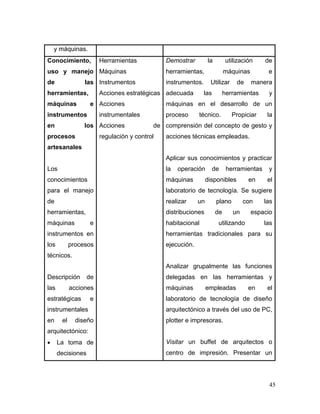 45 
y máquinas. 
Conocimiento, uso y manejo de las herramientas, máquinas e instrumentos en los procesos artesanales 
Los conocimientos para el manejo de herramientas, máquinas e instrumentos en los procesos técnicos. 
Descripción de las acciones estratégicas e instrumentales en el diseño arquitectónico: 
 La toma de decisiones 
Herramientas 
Máquinas 
Instrumentos 
Acciones estratégicas 
Acciones instrumentales 
Acciones de regulación y control 
Demostrar la utilización de herramientas, máquinas e instrumentos. Utilizar de manera adecuada las herramientas y máquinas en el desarrollo de un proceso técnico. Propiciar la comprensión del concepto de gesto y acciones técnicas empleadas. 
Aplicar sus conocimientos y practicar la operación de herramientas y máquinas disponibles en el laboratorio de tecnología. Se sugiere realizar un plano con las distribuciones de un espacio habitacional utilizando las herramientas tradicionales para su ejecución. 
Analizar grupalmente las funciones delegadas en las herramientas y máquinas empleadas en el laboratorio de tecnología de diseño arquitectónico a través del uso de PC, plotter e impresoras. 
Visitar un buffet de arquitectos o centro de impresión. Presentar un  