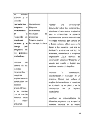 48 
los edificios públicos y la vivienda. 
Herramientas, máquinas e instrumentos en la resolución de problemas técnicos y el trabajo por proyectos en los procesos productivos 
Historias del cambio en las técnicas, herramientas y máquinas empleadas en la construcción de espacios arquitectónicos y su relación con el cambio histórico, social y medio ambiental. 
Herramientas 
Máquinas 
Instrumentos 
Resolución de problemas 
Proyecto técnico 
Procesos productivos 
Realizar una investigación documental sobre las herramientas, máquinas e instrumentos empleados para la construcción de espacios arquitectónicos en otras civilizaciones y tiempos históricos, por ejemplo en el Egipto antiguo. ¿Qué usos se le daban a los espacios, cuál era su distribución y estructura, qué tipo de materiales, herramientas o máquinas empleaban? ¿Qué técnicas de construcción utilizaban? Presentar un reporte por escrito e ilustrar por medio de recortes o fotografías. 
Proponer la identificación, caracterización y resolución de un problema técnico que incluya el empleo de herramientas o máquinas en el diseño de un plano o en la construcción de un espacio habitacional. 
Identificar las potencialidades de diferentes programas que apoyan los procesos técnicos en el diseño  