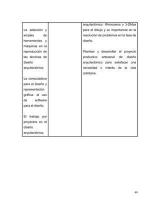 49 
La selección y empleo de herramientas y máquinas en la reproducción de las técnicas de diseño arquitectónico. 
La computadora para el diseño y representación gráfica: el uso de software para el diseño. 
El trabajo por proyectos en el diseño arquitectónico. 
arquitectónico: Rhinoceros y 3-DMax para el dibujo y su importancia en la resolución de problemas en la fase de diseño. 
Plantear y desarrollar el proyecto productivo artesanal de diseño arquitectónico para satisfacer una necesidad o interés de la vida cotidiana. 
 