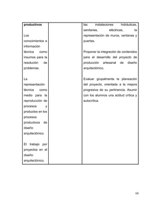 68 
productivos 
Los conocimientos e información técnica como insumos para la resolución de problemas. 
La representación técnica como medio para la reproducción de procesos y productos en los procesos productivos de diseño arquitectónico. 
El trabajo por proyectos en el diseño arquitectónico. 
las instalaciones hidráulicas, sanitarias, eléctricas, la representación de muros, ventanas y puertas. 
Proponer la integración de contenidos para el desarrollo del proyecto de producción artesanal de diseño arquitectónico. 
Evaluar grupalmente la planeación del proyecto, orientada a la mejora progresiva de su pertinencia. Asumir con los alumnos una actitud crítica y autocrítica. 
 