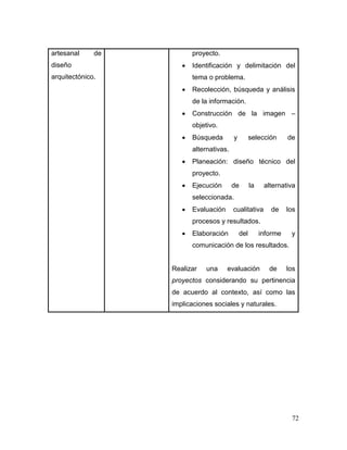 72 
artesanal de diseño arquitectónico. 
proyecto. 
 Identificación y delimitación del tema o problema. 
 Recolección, búsqueda y análisis de la información. 
 Construcción de la imagen – objetivo. 
 Búsqueda y selección de alternativas. 
 Planeación: diseño técnico del proyecto. 
 Ejecución de la alternativa seleccionada. 
 Evaluación cualitativa de los procesos y resultados. 
 Elaboración del informe y comunicación de los resultados. 
Realizar una evaluación de los proyectos considerando su pertinencia de acuerdo al contexto, así como las implicaciones sociales y naturales. 
 