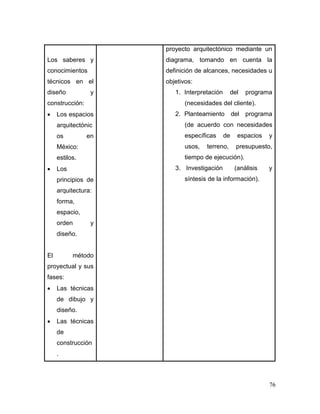 76 
Los saberes y conocimientos técnicos en el diseño y construcción: 
 Los espacios arquitectónicos en México: estilos. 
 Los principios de arquitectura: forma, espacio, orden y diseño. 
El método proyectual y sus fases: 
 Las técnicas de dibujo y diseño. 
 Las técnicas de construcción. 
proyecto arquitectónico mediante un diagrama, tomando en cuenta la definición de alcances, necesidades u objetivos: 
1. Interpretación del programa (necesidades del cliente). 
2. Planteamiento del programa (de acuerdo con necesidades específicas de espacios y usos, terreno, presupuesto, tiempo de ejecución). 
3. Investigación (análisis y síntesis de la información).  