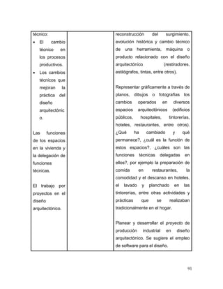 91 
técnico: 
 El cambio técnico en los procesos productivos. 
 Los cambios técnicos que mejoran la práctica del diseño arquitectónico. 
Las funciones de los espacios en la vivienda y la delegación de funciones técnicas. 
El trabajo por proyectos en el diseño arquitectónico. 
reconstrucción del surgimiento, evolución histórica y cambio técnico de una herramienta, máquina o producto relacionado con el diseño arquitectónico (restiradores, estilógrafos, tintas, entre otros). 
Representar gráficamente a través de planos, dibujos o fotografías los cambios operados en diversos espacios arquitectónicos (edificios públicos, hospitales, tintorerías, hoteles, restaurantes, entre otros). ¿Qué ha cambiado y qué permanece?, ¿cuál es la función de estos espacios?, ¿cuáles son las funciones técnicas delegadas en ellos?, por ejemplo la preparación de comida en restaurantes, la comodidad y el descanso en hoteles, el lavado y planchado en las tintorerías, entre otras actividades y prácticas que se realizaban tradicionalmente en el hogar. 
Planear y desarrollar el proyecto de producción industrial en diseño arquitectónico. Se sugiere el empleo de software para el diseño. 
 