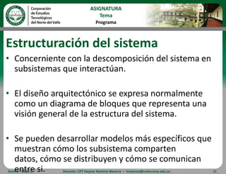 Estructuración del sistemaConcerniente con la descomposición del sistema en subsistemas que interactúan.El diseño arquitectónico se expresa normalmente como un diagrama de bloques que representa una visión general de la estructura del sistema.Se pueden desarrollar modelos más específicos que muestran cómo los subsistema comparten datos, cómo se distribuyen y cómo se comunican entre si.Tema 1 - Clase 1Docente: CPT Heynar Ramírez Becerra  –  hramirez@cotecnova.edu.co11