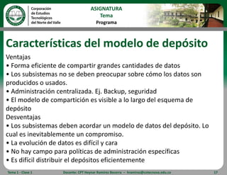 Características del modelo de depósitoVentajas• Forma eficiente de compartir grandes cantidades de datos• Los subsistemas no se deben preocupar sobre cómo los datos sonproducidos o usados.• Administración centralizada. Ej. Backup, seguridad• El modelo de compartición es visible a lo largo del esquema dedepósitoDesventajas• Los subsistemas deben acordar un modelo de datos del depósito. Locual es inevitablemente un compromiso.• La evolución de datos es difícil y cara• No hay campo para políticas de administración específicas• Es difícil distribuir el depósitos eficientementeTema 1 - Clase 1Docente: CPT Heynar Ramírez Becerra  –  hramirez@cotecnova.edu.co17